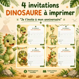 Cartes d’invitation anniversaire Dinosaure à imprimer – 4 modèles