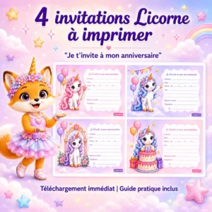 Cartes d'invitation anniversaire Licorne à imprimer - 4 modèles