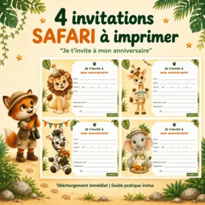 Cartes d’invitation anniversaire Safari à imprimer – 4 modèles