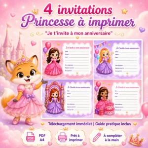 Cartes d’invitation anniversaire Princesse à imprimer – 4 modèles